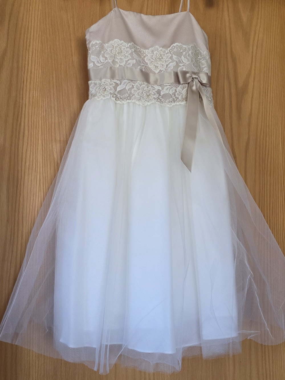 David's Bridal White and Champagne Lace Tulle Flower Girl Dress